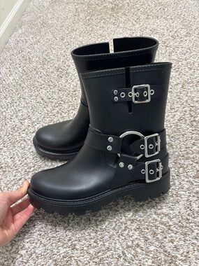 Jeffrey Campbell Controller Black Buckle Rain Boots 10
